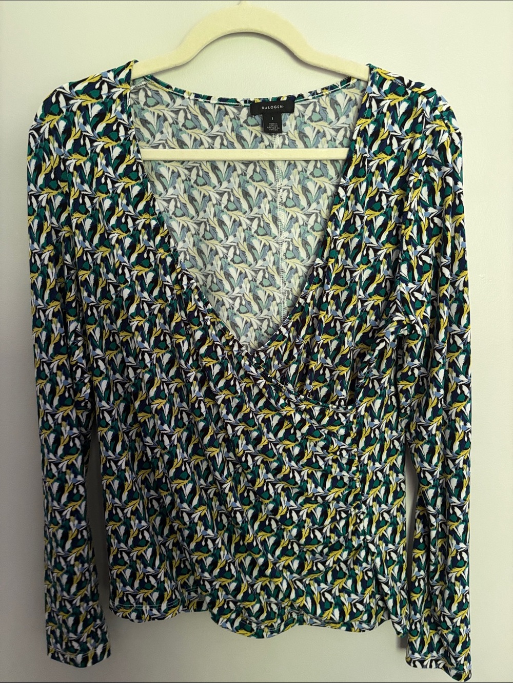 Halogen Green and Yellow Printed Long Sleeve Wrap Top
